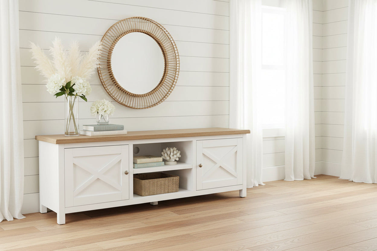 CHRISTA HAMPTON SOLID ACACIA 2-DOOR 2 NICHE TV UNIT LIGHT OAK TOP/WHITE BASE - MyChocolateWood