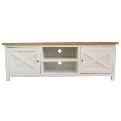 CHRISTA HAMPTON SOLID ACACIA 2-DOOR 2 NICHE TV UNIT LIGHT OAK TOP/WHITE BASE - MyChocolateWood