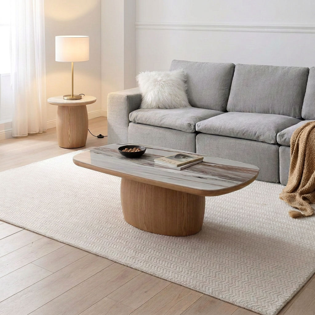 Montilla Ash Veneer Base/ Marble Look Ceramic Lamp Table/Side Table