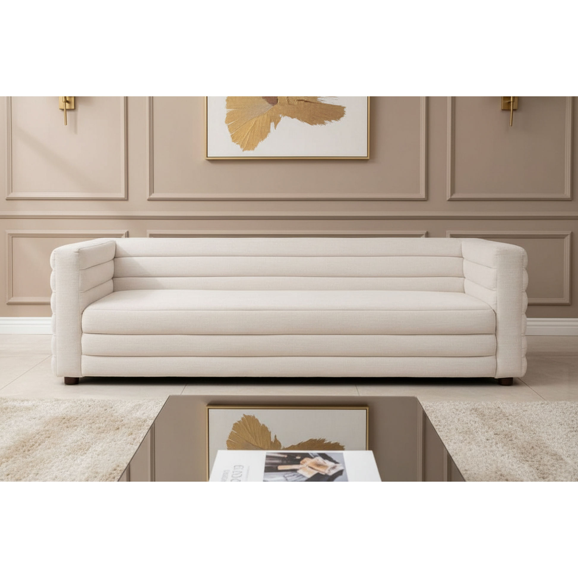 Meredith Fabric Sofa, 3-Seater in White Boucle - Chocolate Wood