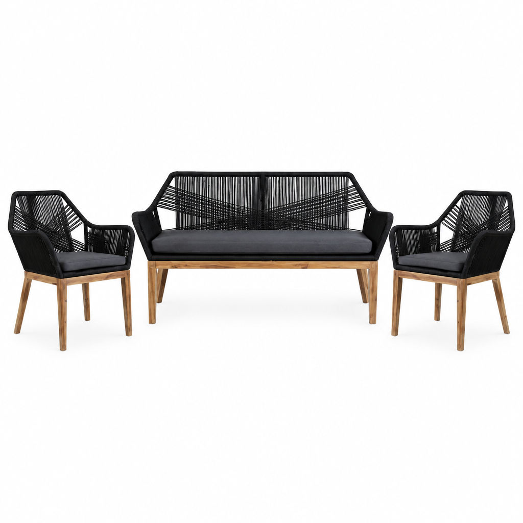 Rosetti 3 Piece Outdoorr Sofa Set/Lounge Set - Black Rope/Charcoal Cushion