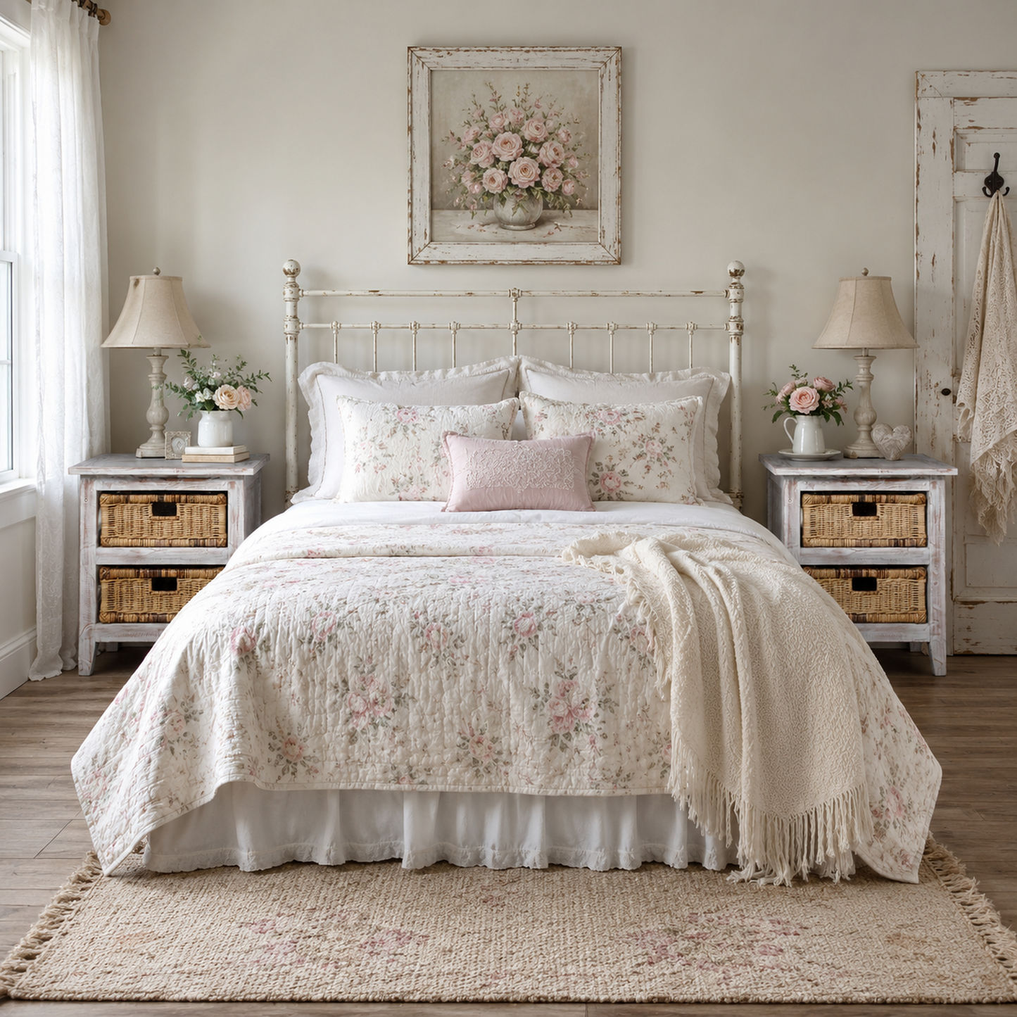 Cove Mahogany Whitewash 2-Drawer Bedside Table/Chest of Drawers with 2 Rattan Baskets