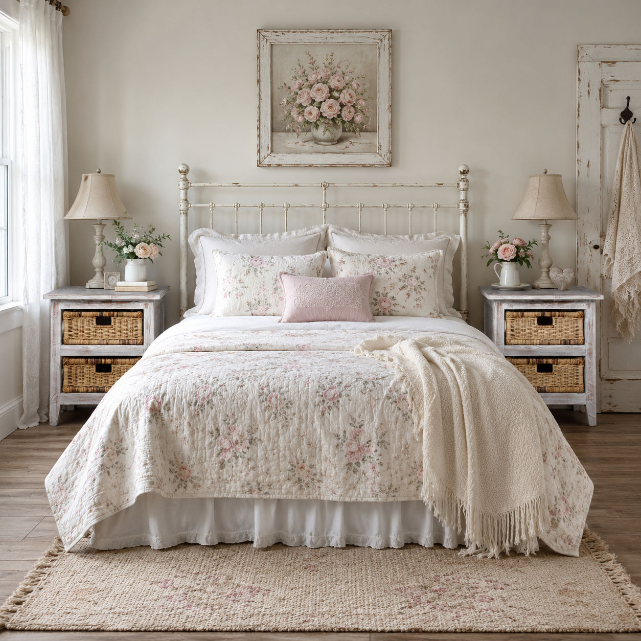 Cove Mahogany Whitewash 2-Drawer Bedside Table/Chest of Drawers with 2 Rattan Baskets