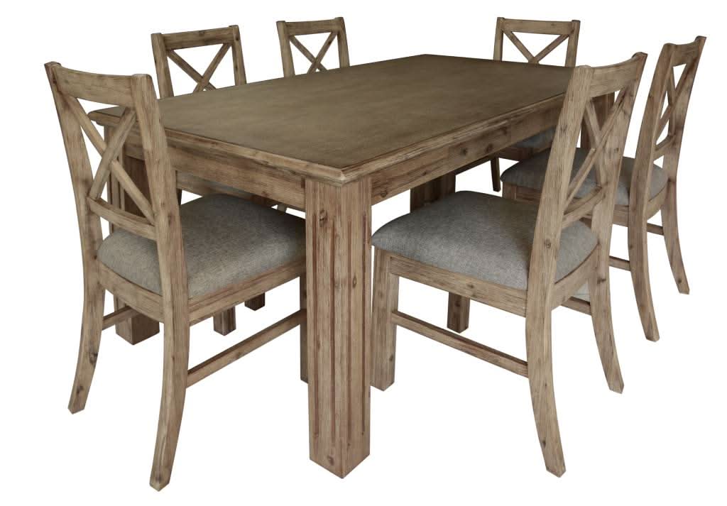 Devonshire Acacia timber 7-piece dining set with 180cm table and six brushed khaki Devonshire dining chairs by MyChocolateWood.