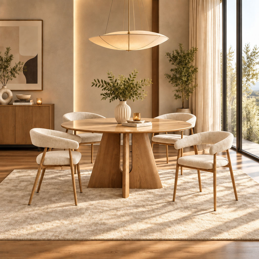 Enica Round Dining Table -120cm - White & Natural  & 4 Lyra Dining Chairs -Beige/oak
