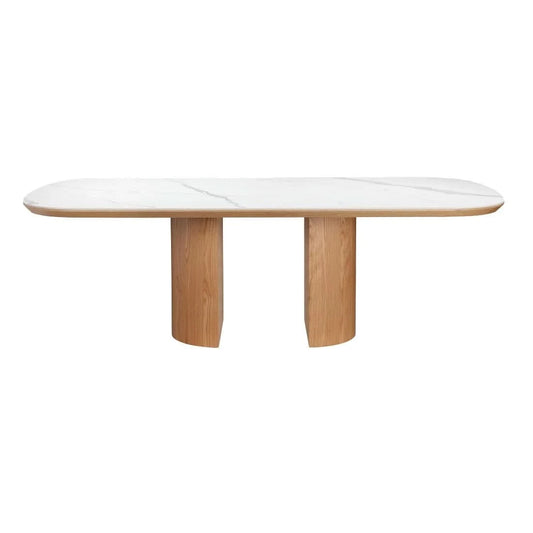 CASPIAN OAK OVAL DINING TABLE WHITE CERAMIC TOP/NATURALWOODEN LEGS 220CM - MyChocolateWood