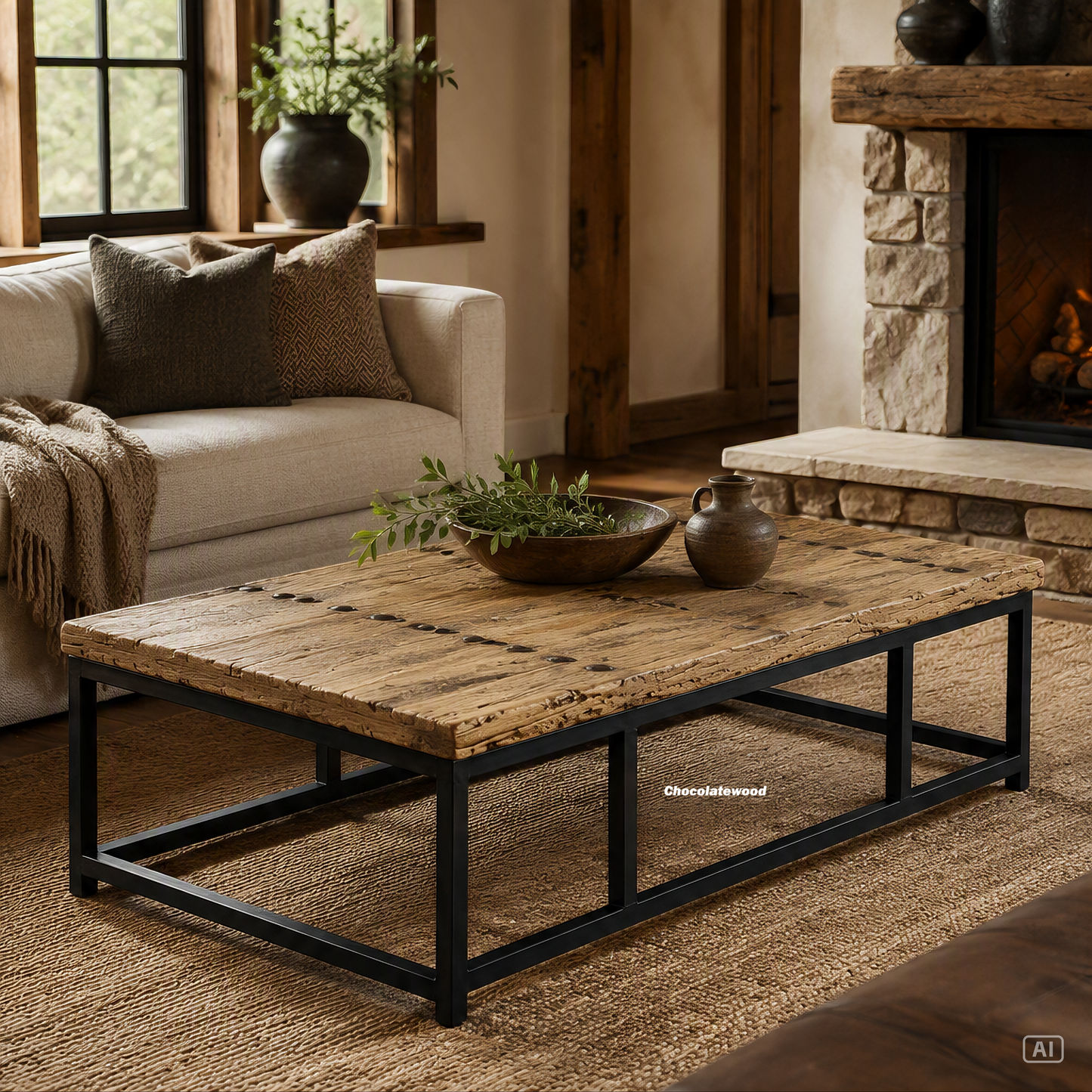 Medford Recycled Elm Wood Coffee Table/Iron Frame - Natural/Black - Industrial Style