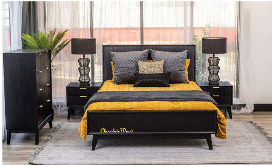 ELIJAH KING SIZE BED + TALLBOY + 2 X BEDSIDE TABLES IN BRUSHED BLACK ACACIA PACKAGE DEAL - MyChocolateWood