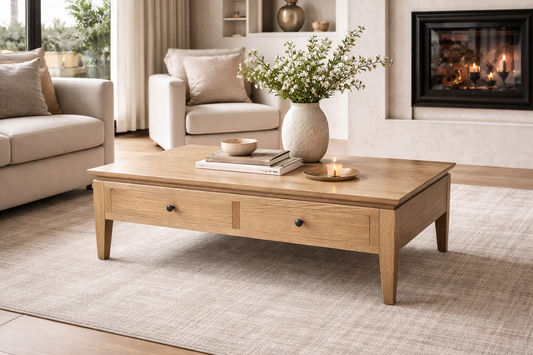 Solid oak coffee table with two drawers from MyChocolateWood, featuring a sleek, natural wood finish and functional storage drawers.