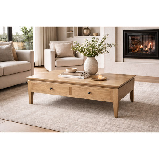 Solid oak coffee table with two drawers from MyChocolateWood, featuring a sleek, natural wood finish and functional storage drawers.