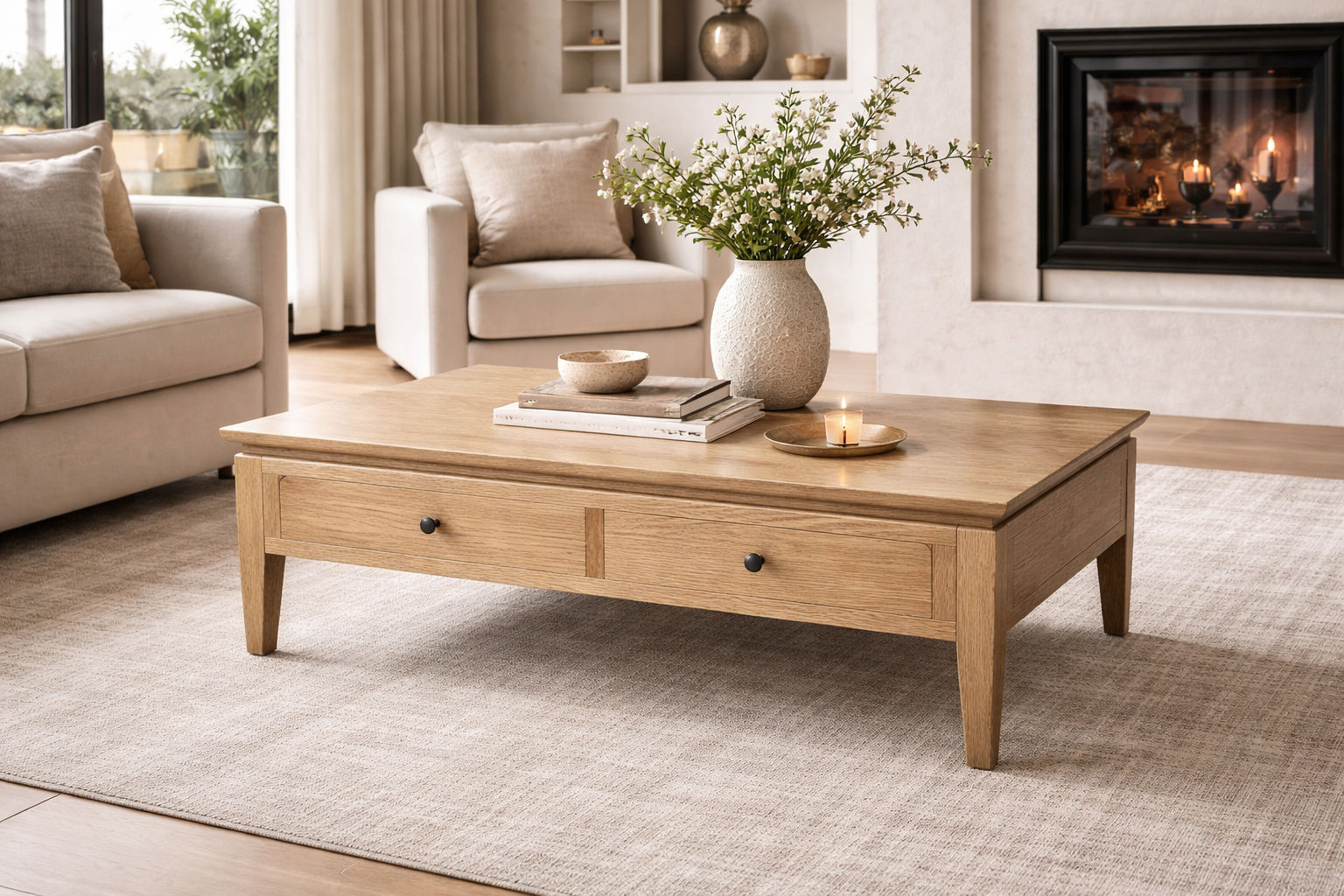 ELLA SOLID OAK 2 DRAWER COFFEE TABLE - MyChocolateWood