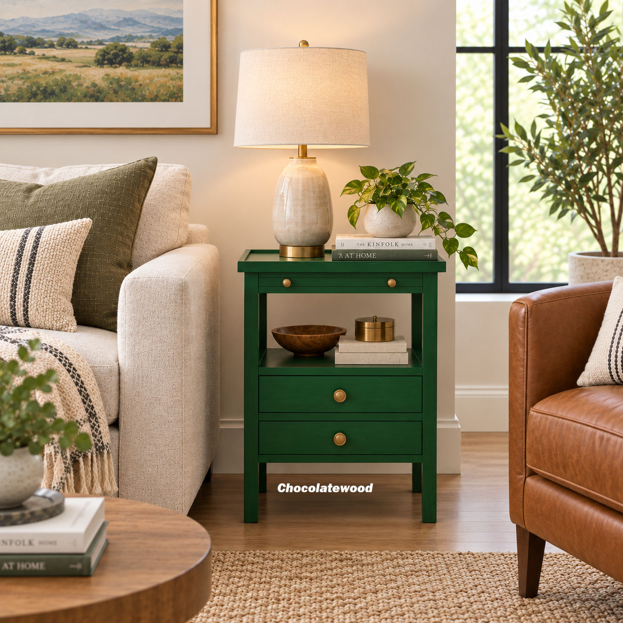 Oatlands Mahogany 2-Drawer 1-Shelf Side Table / Lamp Table / Bedside Table Jade Green
