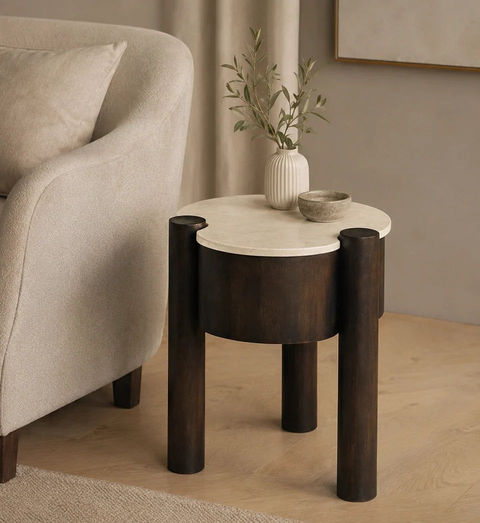 Fiore Clover-Shaped Mango Hardwood & Marble Side Table / Accent Table