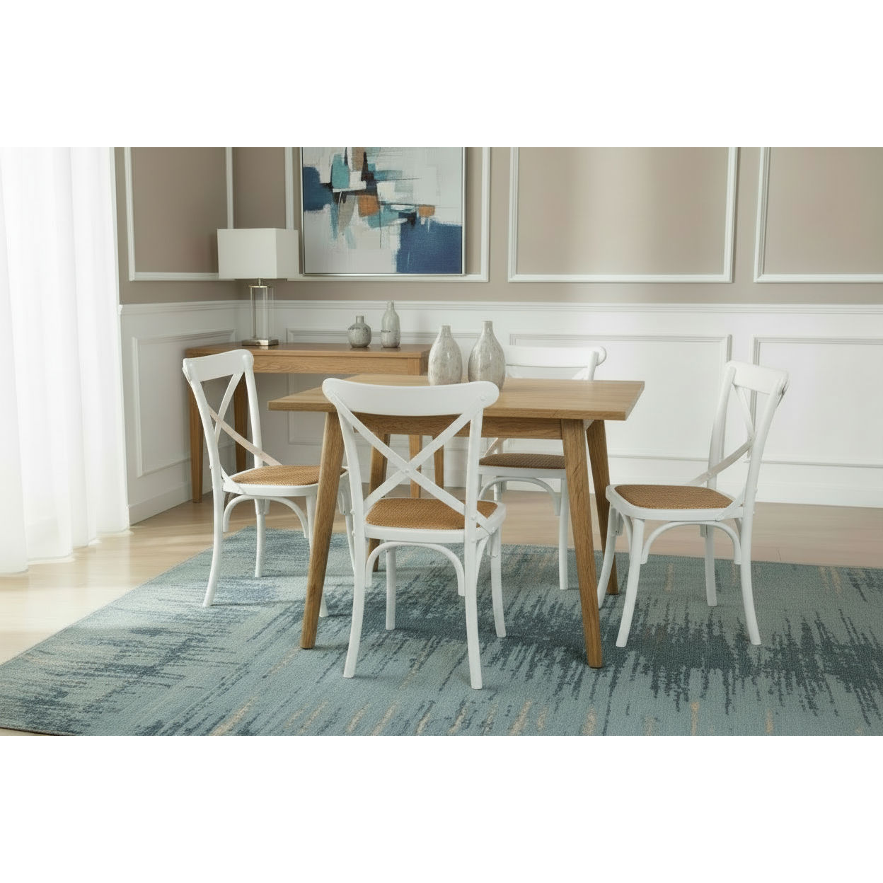 Fitan Solid Oak Square Dining Table with 4 Melrose Elm Crossback Chairs in White - Chocolate Wood