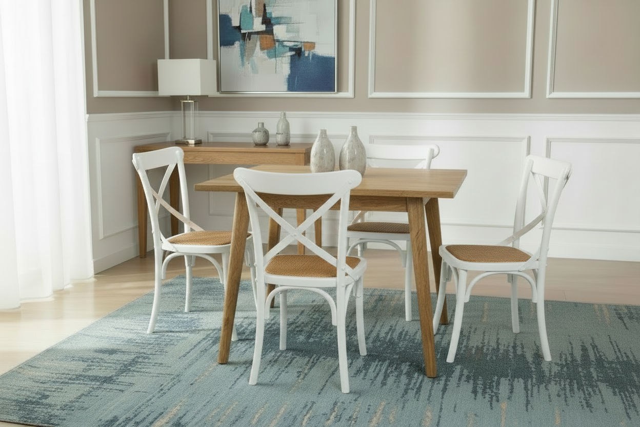 Fitan Solid Oak Square Dining Table with 4 Melrose Elm Crossback Chairs in White - Chocolate Wood