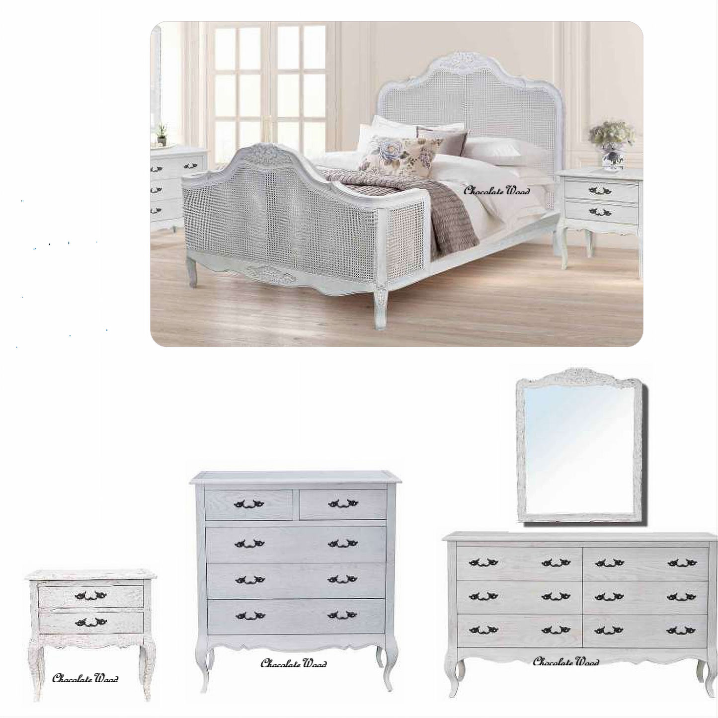 CLARENCE OAK 4 PIECE KING BED, BEDSIDES & DRESSER SET LIGHTLY DISTRESSED WHITE
