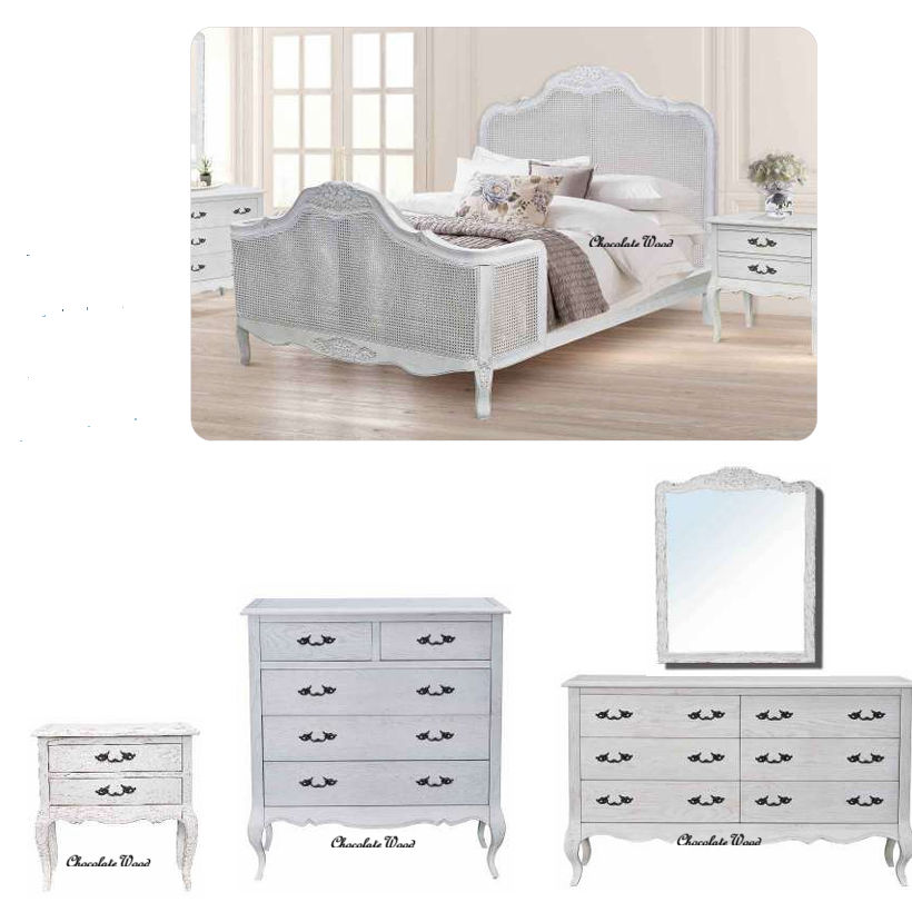 CLARENCE OAK 4 PIECE KING BED, BEDSIDES & DRESSER SET LIGHTLY DISTRESSED WHITE - MyChocolateWood