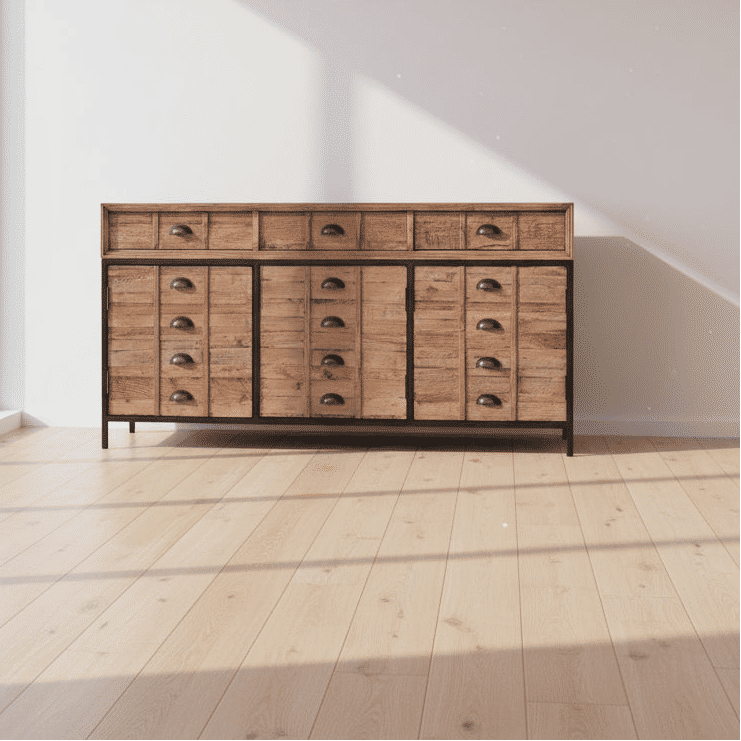 BASIL RECLAIMED OAK & IRON SIDEBOARD BUFFET 3 DRAWERS 3 DOORS LIGHT NATURAL - MyChocolateWood