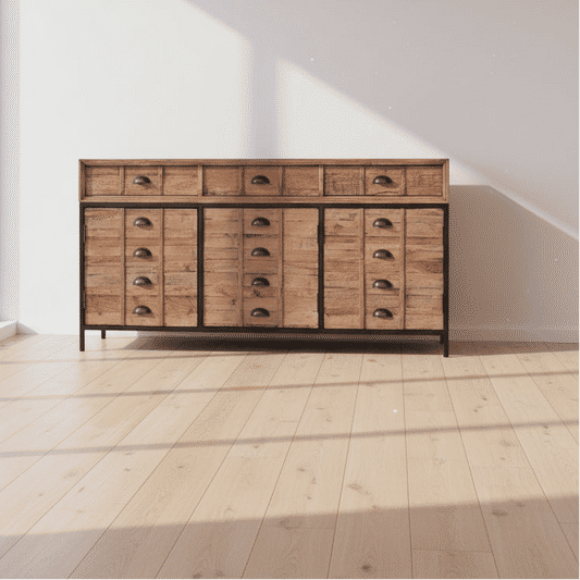 BASIL RECLAIMED OAK & IRON SIDEBOARD BUFFET 3 DRAWERS 3 DOORS LIGHT NATURAL - MyChocolateWood