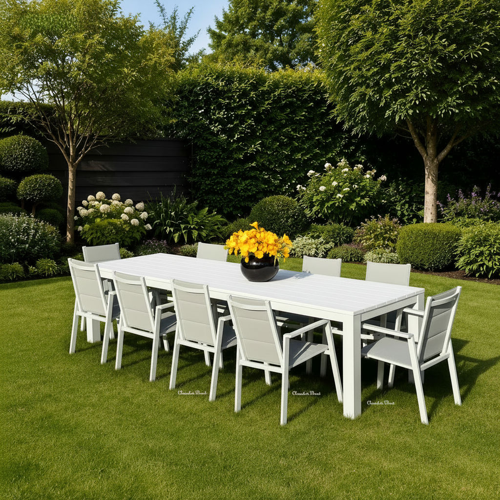 Finnigan 11 pce. Outdoor Aluminium Dining Set in White/Grey