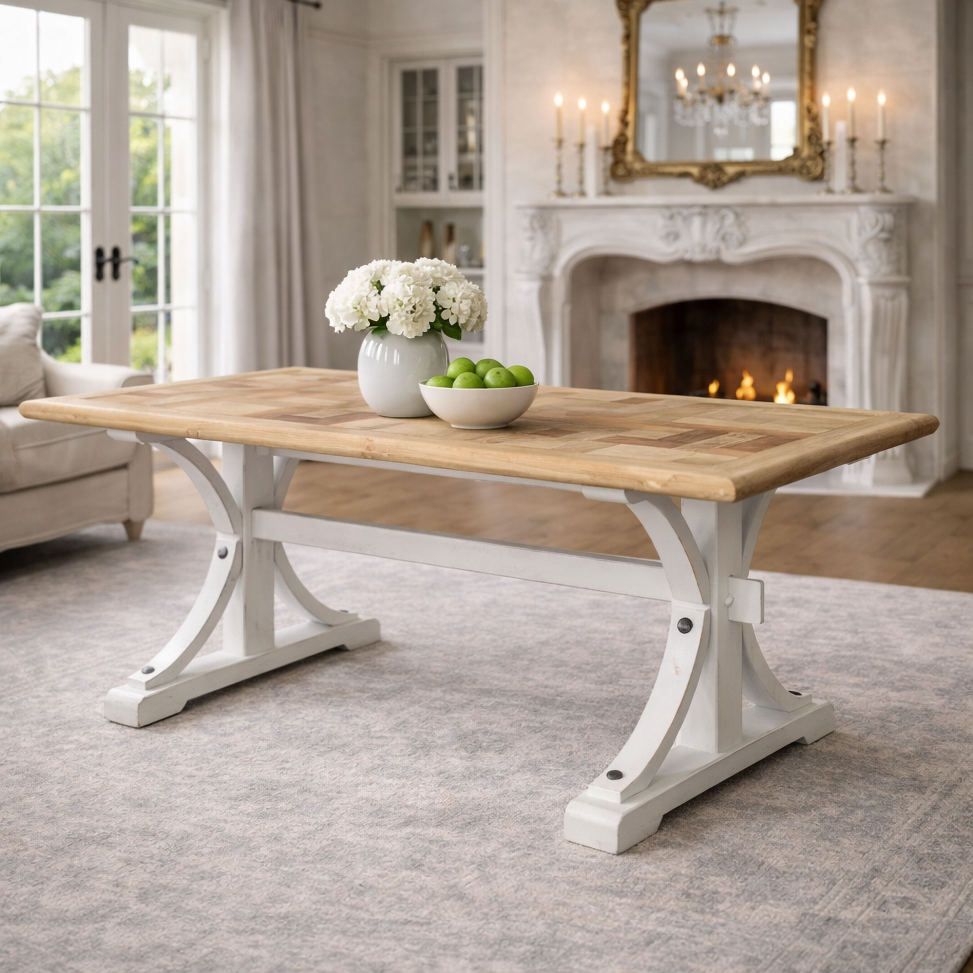 Gibraltar Hampton Style Rectangular Parquetry Dining Table 200cm with Light White Distressed Legs - Chocolate Wood