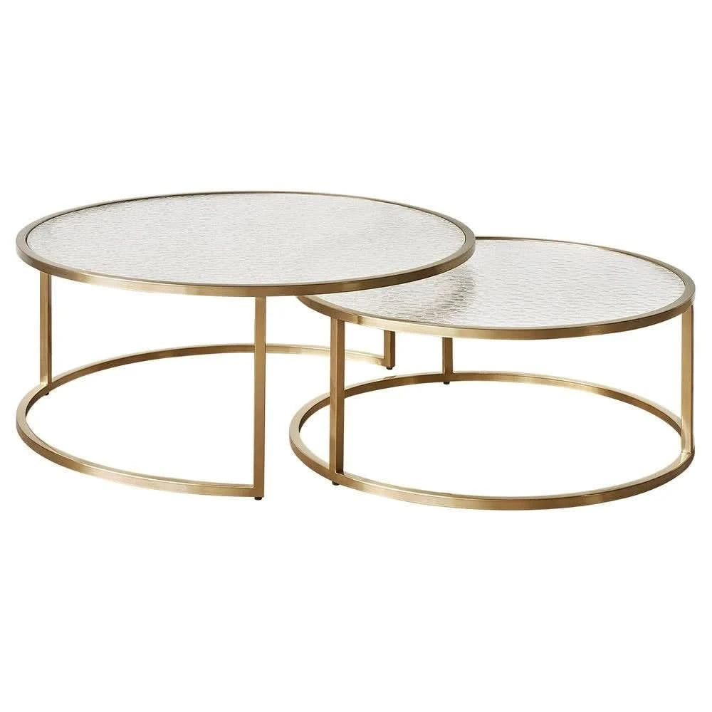 CLAUDIA SET OF 2 ROUND RIPPLED GLASS & GOLD NESTING COFFEE TABLES - MyChocolateWood