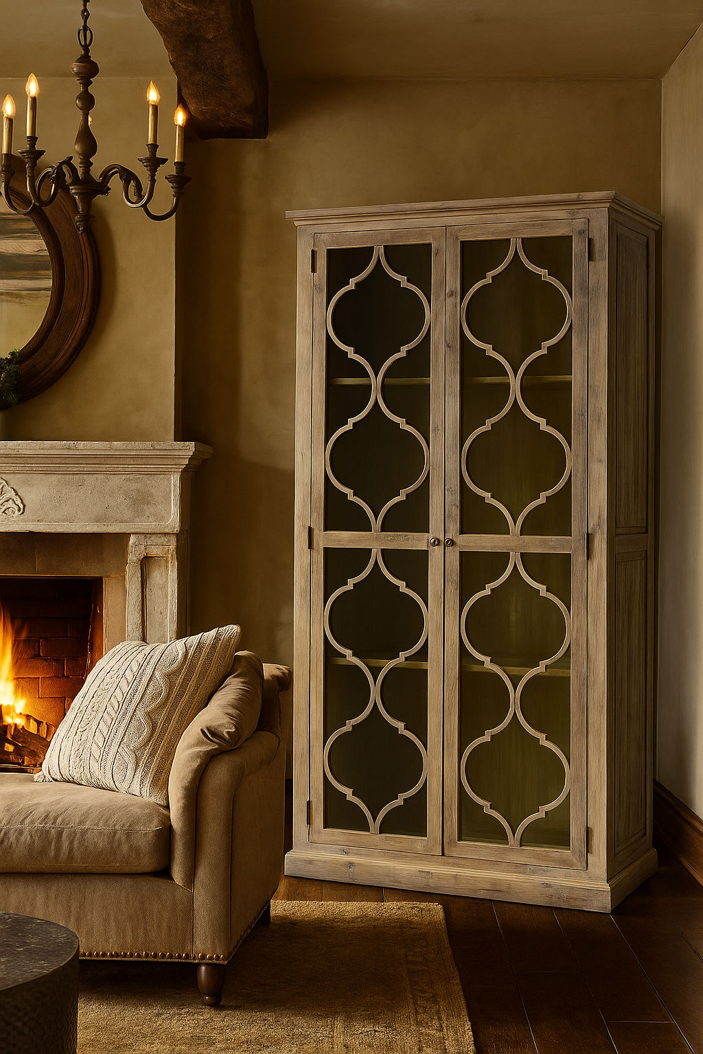 REINA GREYWASHED RECYCLED TIMBER/GLASS 2-DOOR BOOKCASE DISPLAY CABINET - MyChocolateWood