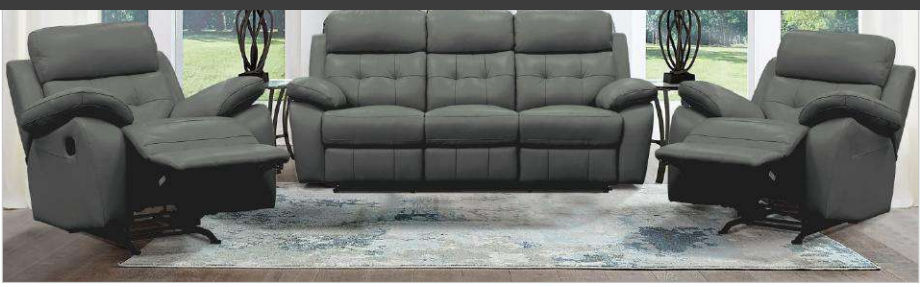 Set of three manual leather recliners in grey, including a 3-seater and two single recliners, by MyChocolateWood