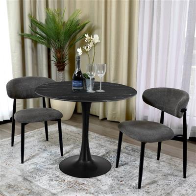 Alberge Round Marble-Look Glass Top Dining Table 90cm in Dark Grey / Black - Chocolate Wood