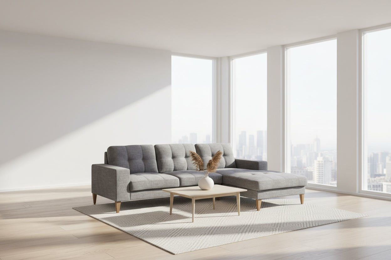 LIZ GREY FABRIC 2-SEATER W/RHF CHAISE MID-CENTURY - MyChocolateWood