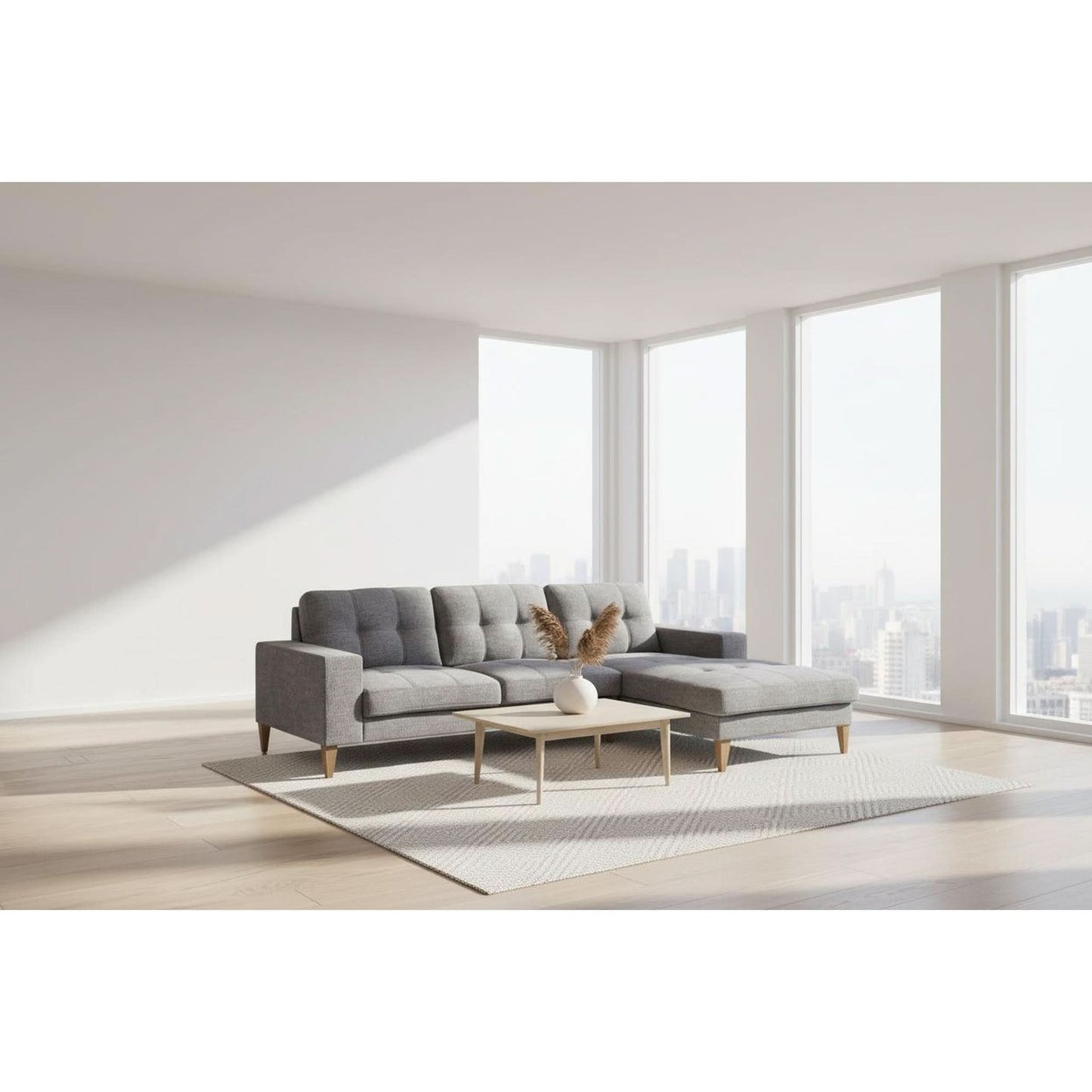 Liz Mid-Century Fabric 2-Seater with Right Facing Chaise in Grey - Chocolate Wood