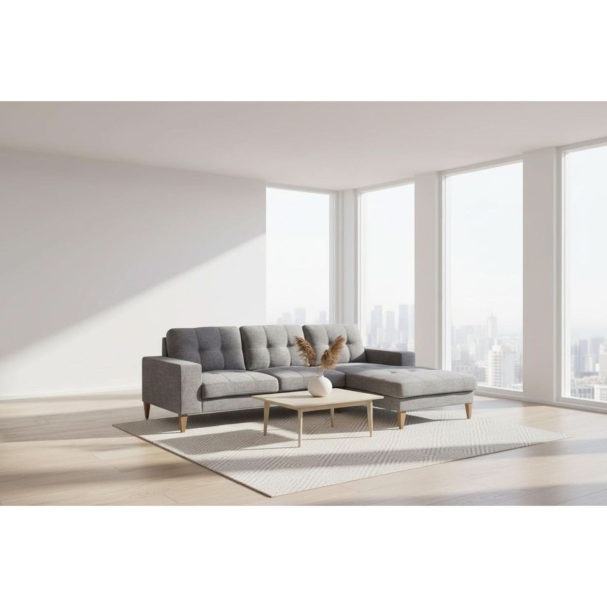 Liz Mid-Century Fabric 2-Seater with Right Facing Chaise in Grey - Chocolate Wood