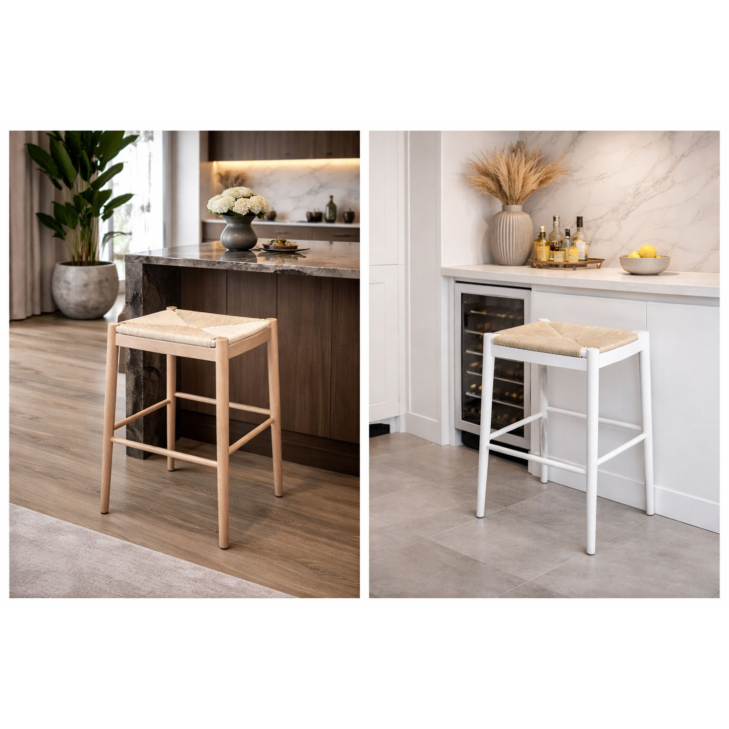 Brynn Backless Kitchen Stool with Rope Seat in White - Chocolate Wood
