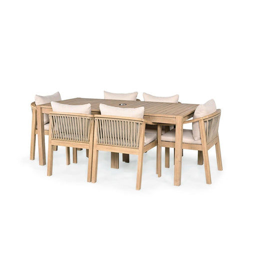 IRINI ACACIA WOOD 7-PIECE OUTDOOR DINING SET SANDBLAST COLOURED FRAME/STONE COLOURED FABRIC - MyChocolateWood