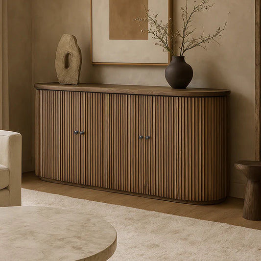 Natural wooden Jarvis slatted sideboard with old elm finish, featuring a modern buffet design by MyChocolateWood.