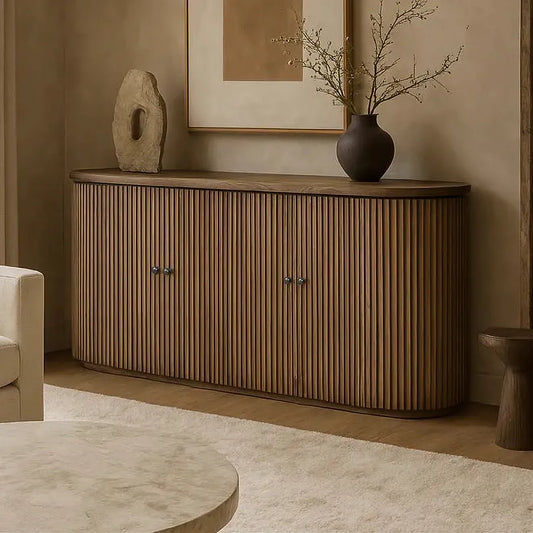Natural wooden Jarvis slatted sideboard with old elm finish, featuring a modern buffet design by MyChocolateWood.