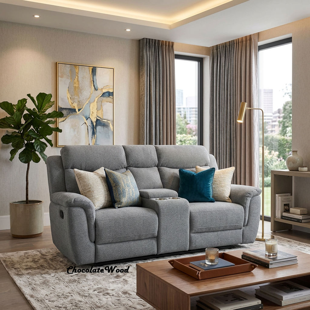 Kallea Fabric 2-Seater Manual Recliner Sofa - Steel - Chocolate Wood