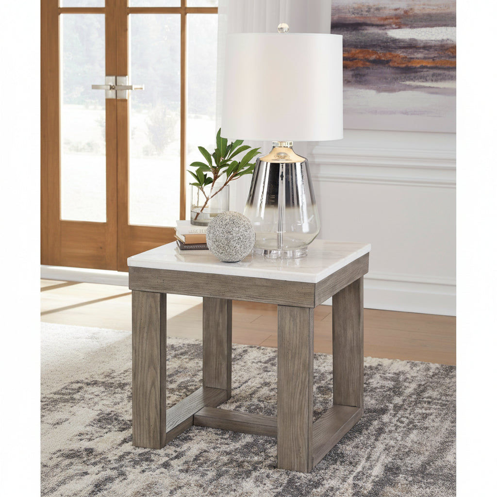 Herrington Oak Square Lamp Table in Greyish-Brown Wood Tone with Natural Marble Table Top