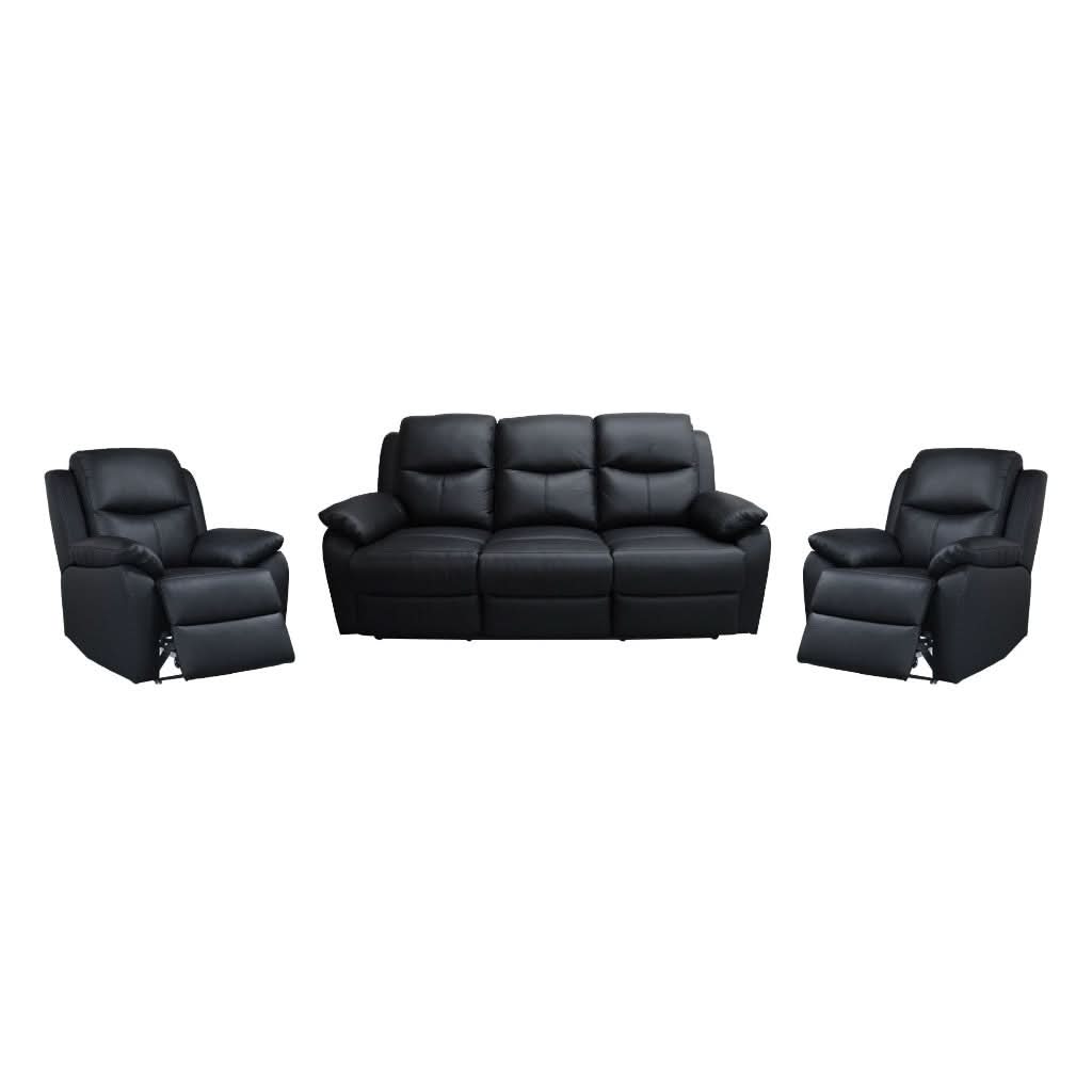 LANCY PREMIUM LEATHER 3 SEATER RECLINER SOFA + 2-SINGLE MANUAL RECLINER  ARMCHAIRS BLACK