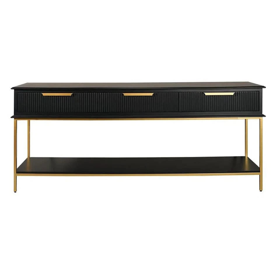 MORETTI 3-DRAWER CONSOLE TABLE/HALL TABLE SATIN BLACK  & GOLD LARGE - MyChocolateWood