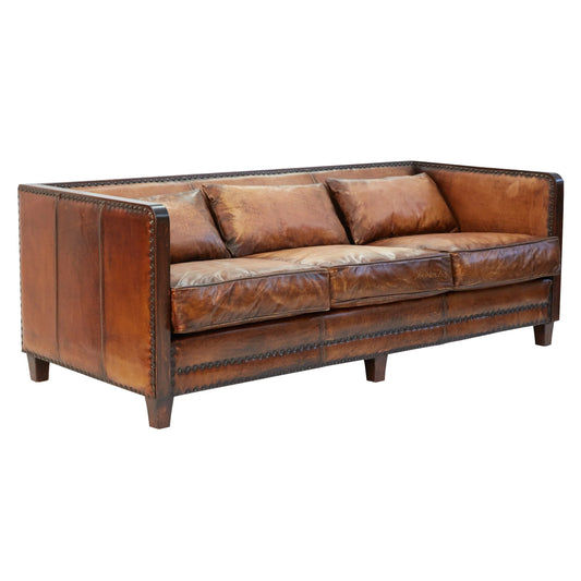 MORANG VINTAGE LEATHER ART DECO 3 SEATER SOFA IN TOFFEE FINISH - MyChocolateWood