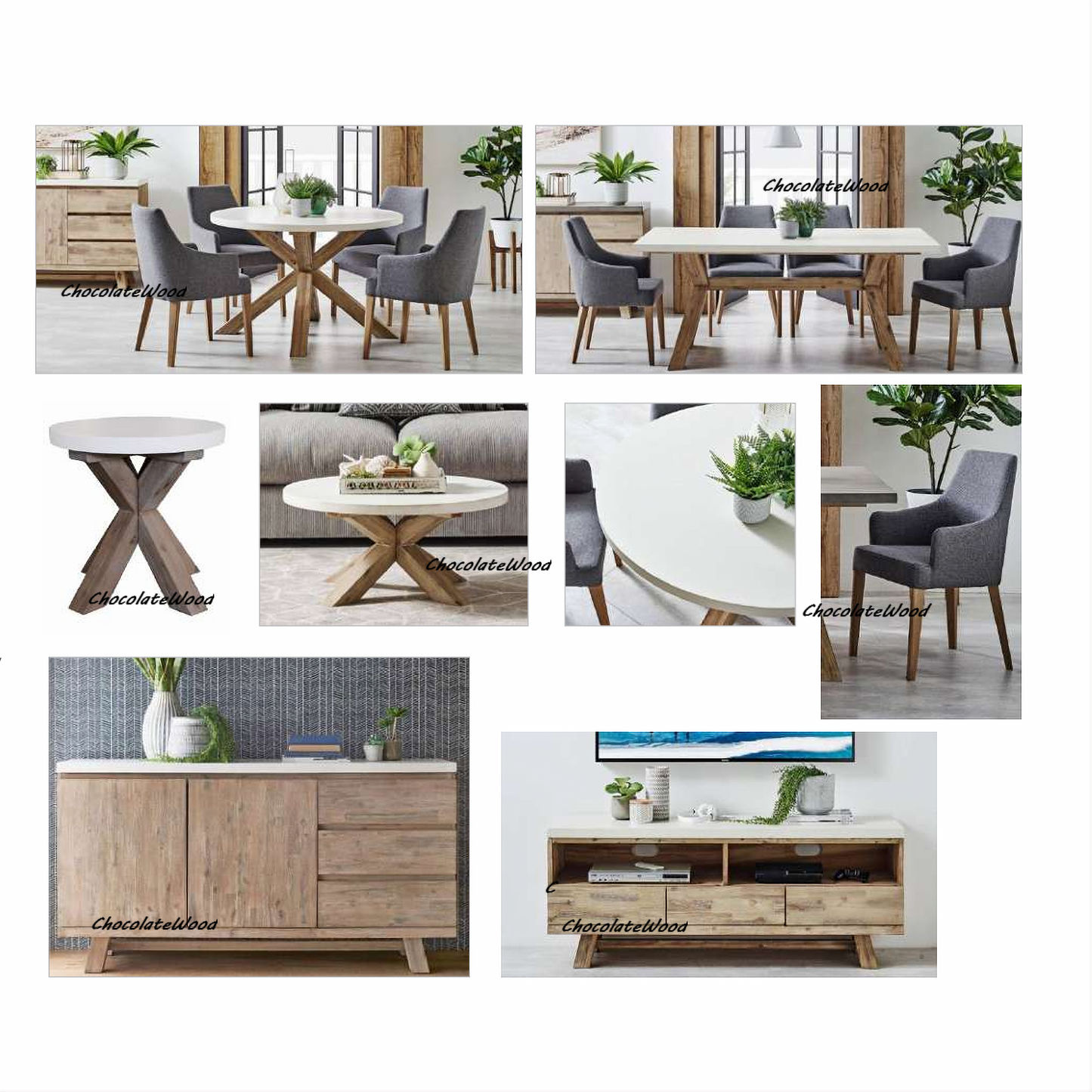 ROSALI 2-tone white concrete top and solid acacia pewter 5-piece dining set with round 120cm table and four armchairs
