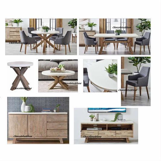 ROSALI 2-tone white concrete top and solid acacia pewter 5-piece dining set with round 120cm table and four armchairs