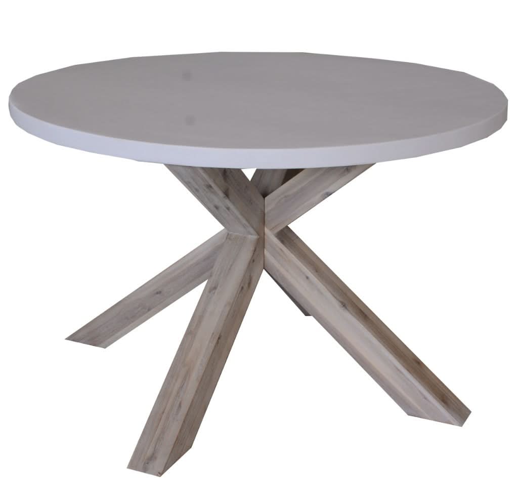 ROSALI 2-TONE WHITE CONCRETE TOP & SOLID ACACIA PEWTER ROUND DINING TABLE 120CM