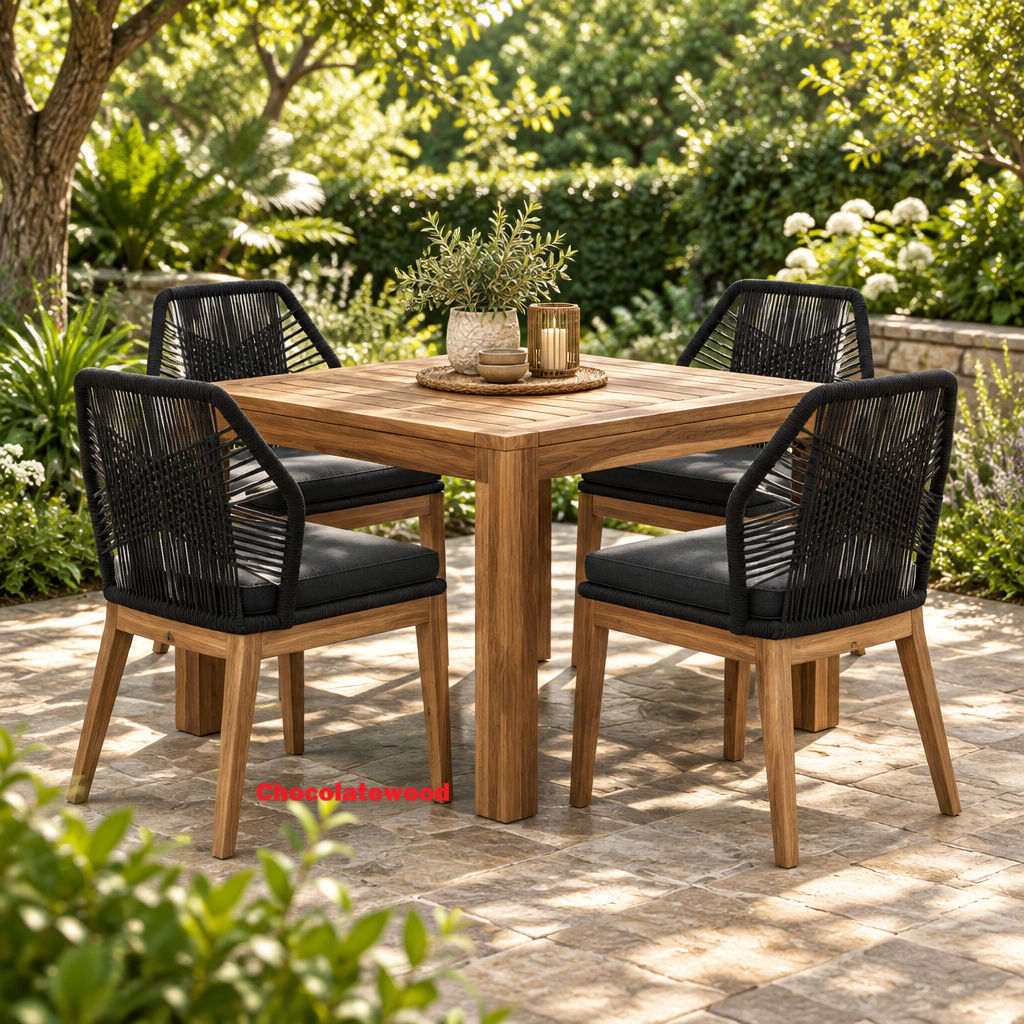 Rosetti Low Arm Outdoor Dining Chair Timber/Black Rope/Charcoal Cushion
