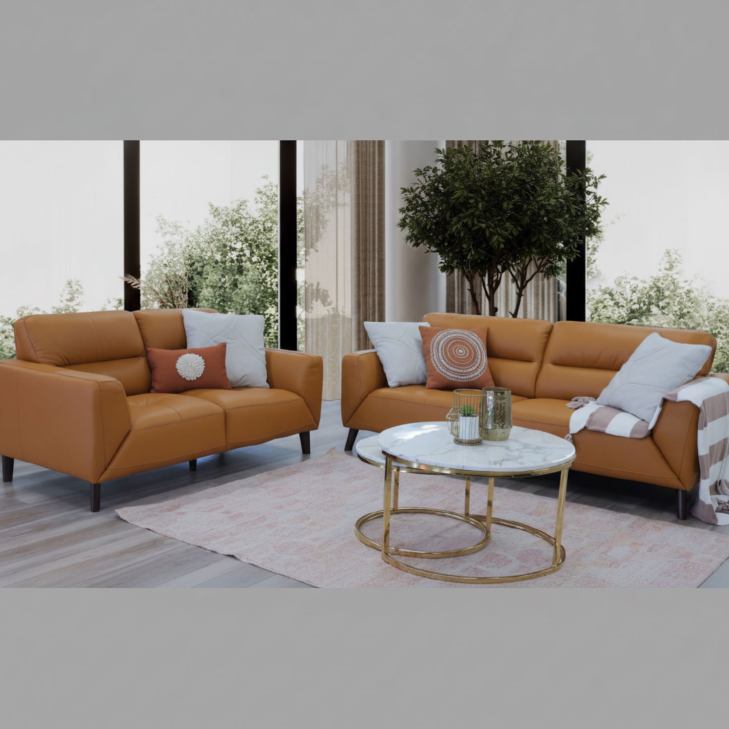 Louanne 3-Seater & 2-Seater Real Leather Sofa Set in Tangerine - Chocolate Wood