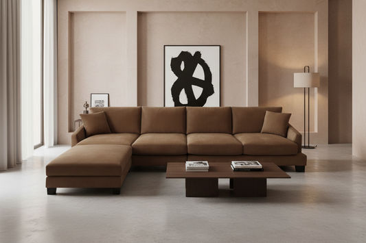 MAEVE FABRIC 4-SEATER SOFA WITH OTTOMAN RUST COLOUR - MyChocolateWood