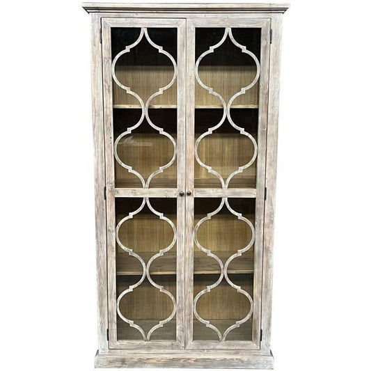 REINA GREYWASHED RECYCLED TIMBER/GLASS 2-DOOR BOOKCASE DISPLAY CABINET - MyChocolateWood