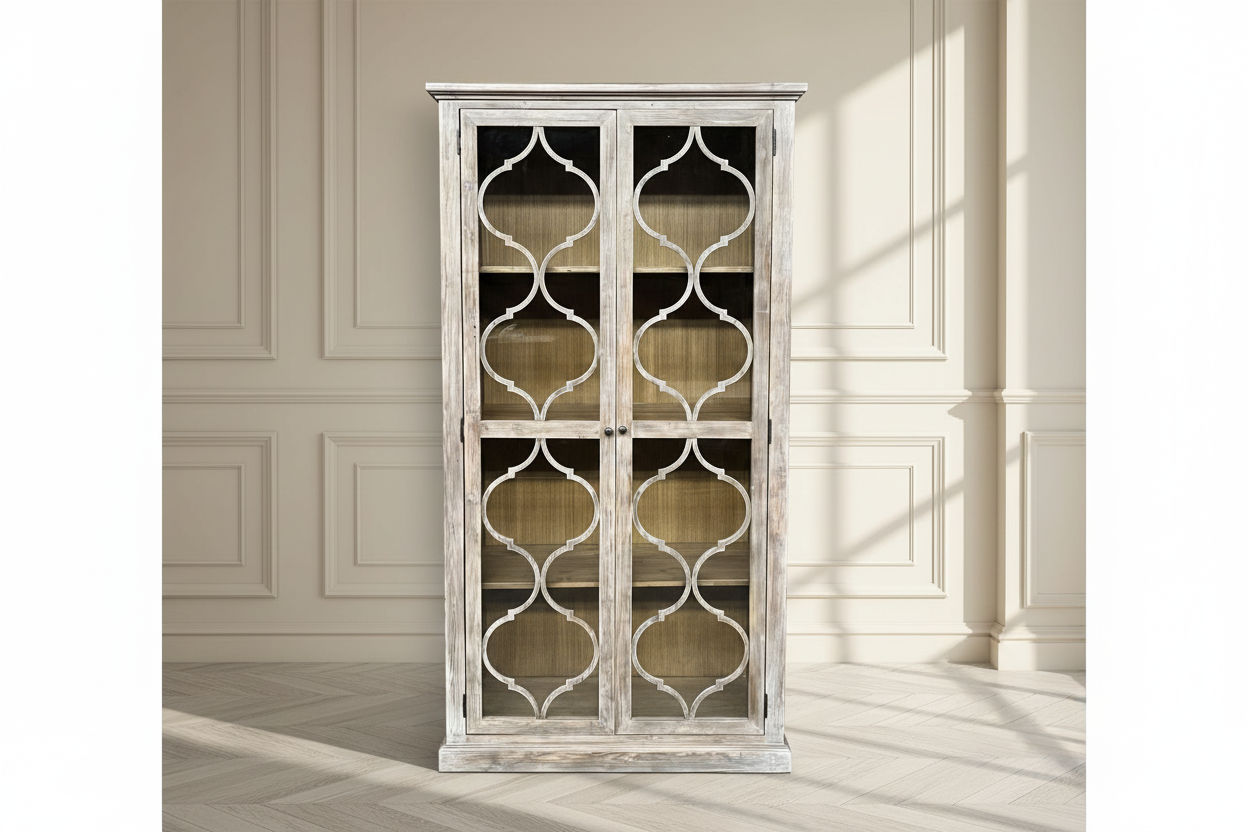 REINA GREYWASHED RECYCLED TIMBER/GLASS 2-DOOR BOOKCASE DISPLAY CABINET - MyChocolateWood