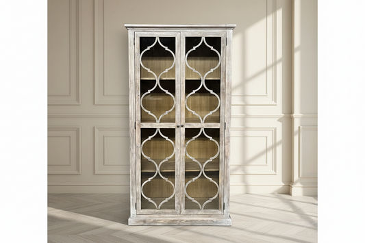 REINA GREYWASHED RECYCLED TIMBER/GLASS 2-DOOR BOOKCASE DISPLAY CABINET - MyChocolateWood